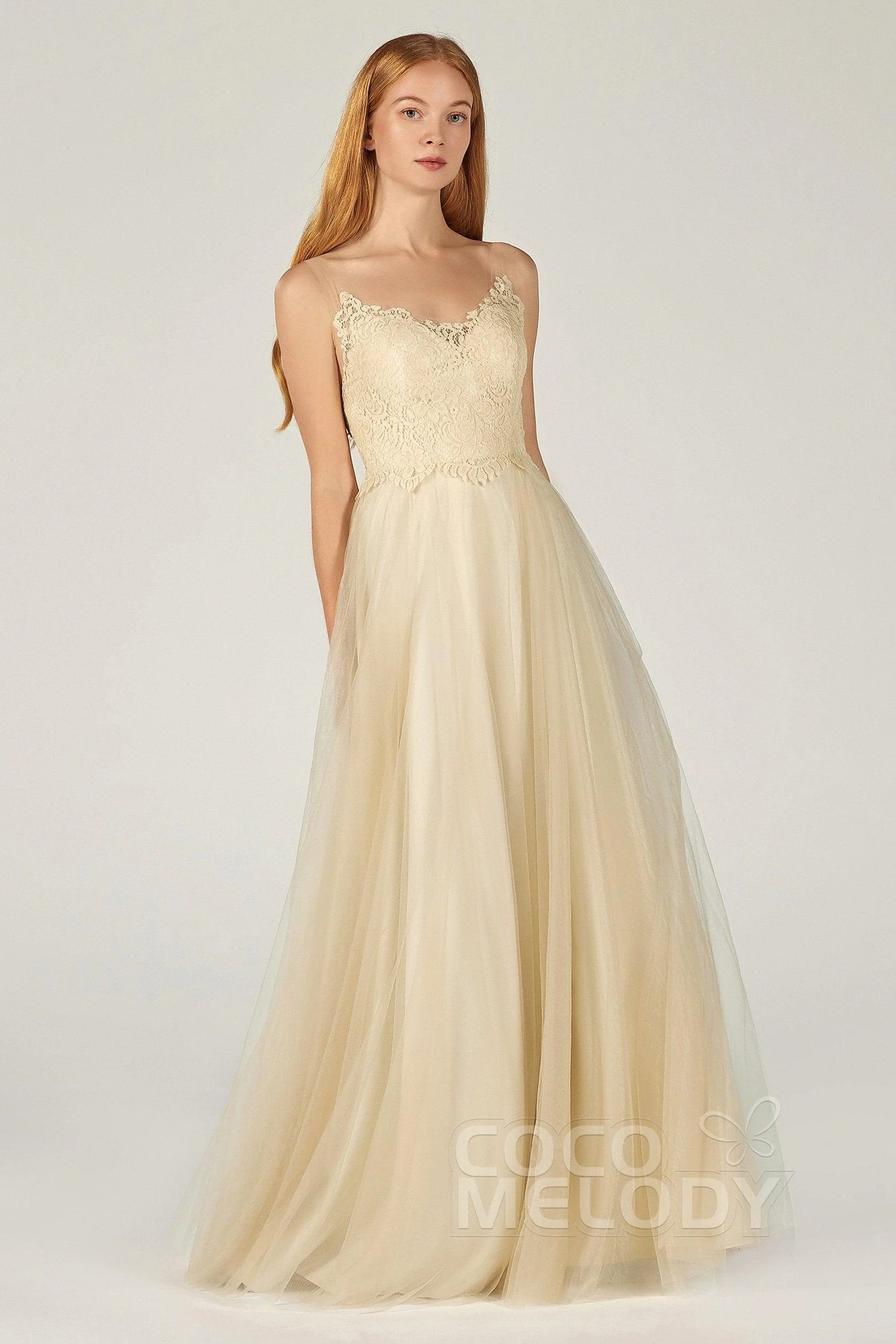 A-Line Floor Length Tulle Lace Bridesmaid Dress CB0378