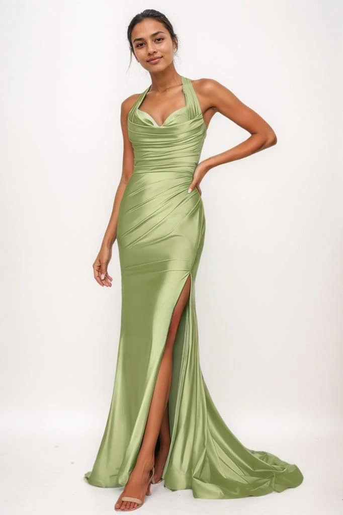 Elegant Halter Ruched High Split Sweep Train Prom Dresses CS0774