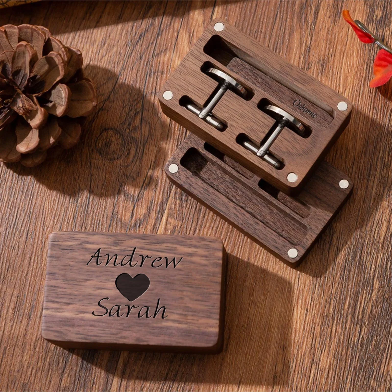 Personalized carved cufflink collar clip wooden box 807438879406