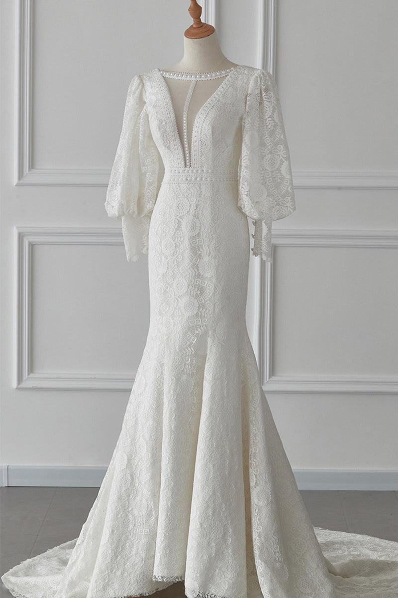 Trumpet-Mermaid Sweep-Brush Train Lace Wedding Dress 719870409318
