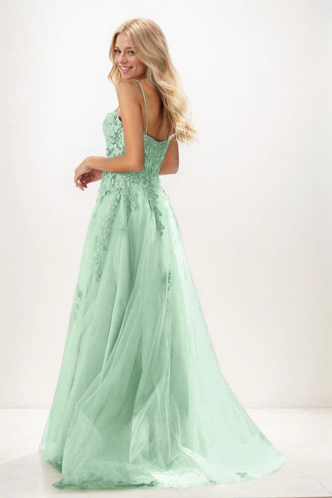 Sweetheart Spaghetti Straps Applique A Line Tulle Prom Dresses CS0943