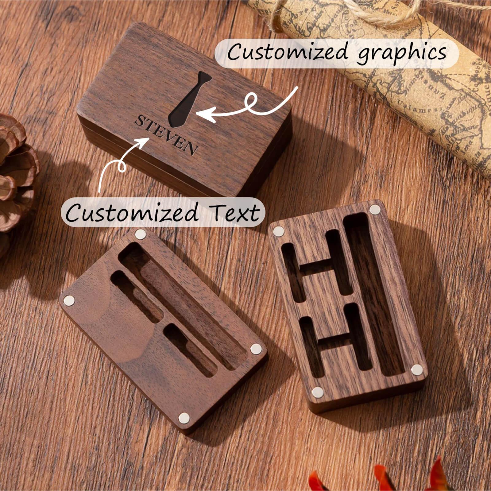 Personalized carved cufflink collar clip wooden box 807778344005