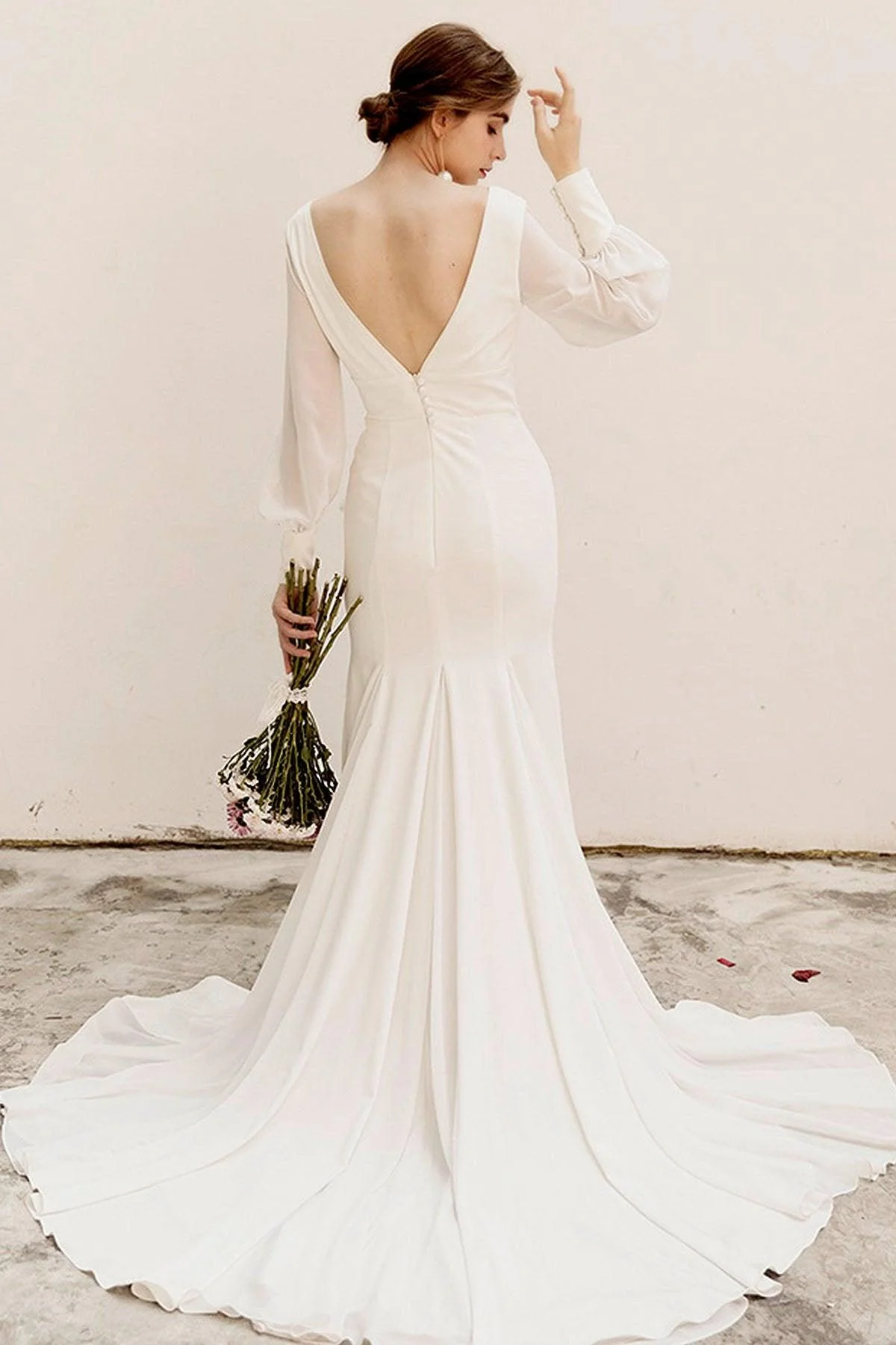 Sweep-Brush Train Satin Chiffon Wedding Dress CW3038