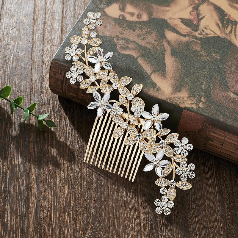 Leaf Hair Comb Alloy Five Petals Flower Rhinestone Accessories 742866021338