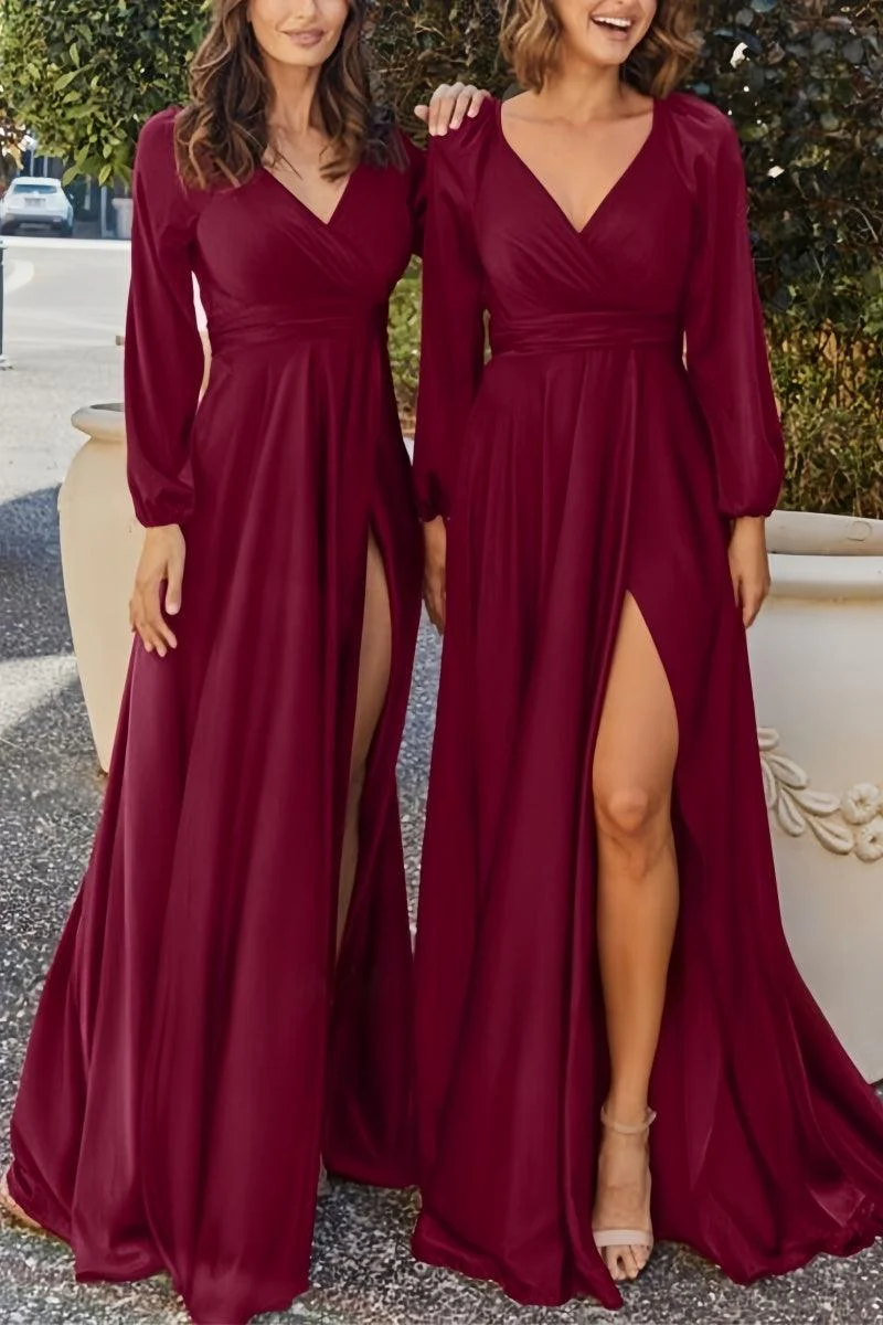 Burgundy Bridesmaid Dress with V-Neck & Long Sleeves CB0804
