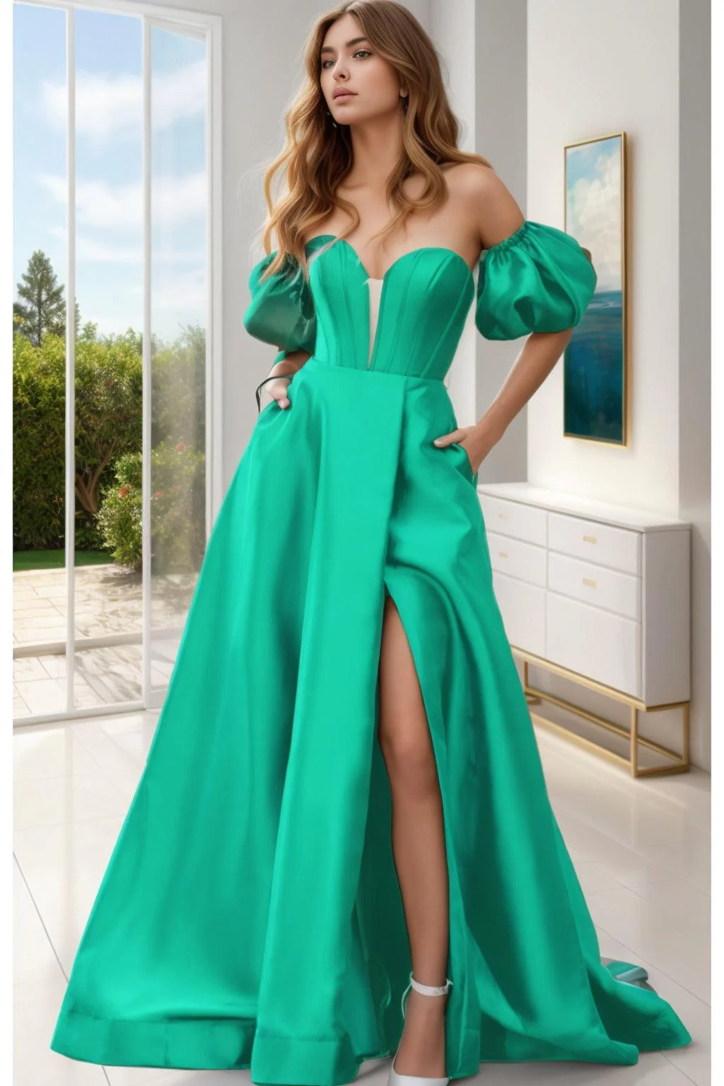 A-Line Sweep-Brush Train Satin Prom Dress CS0448