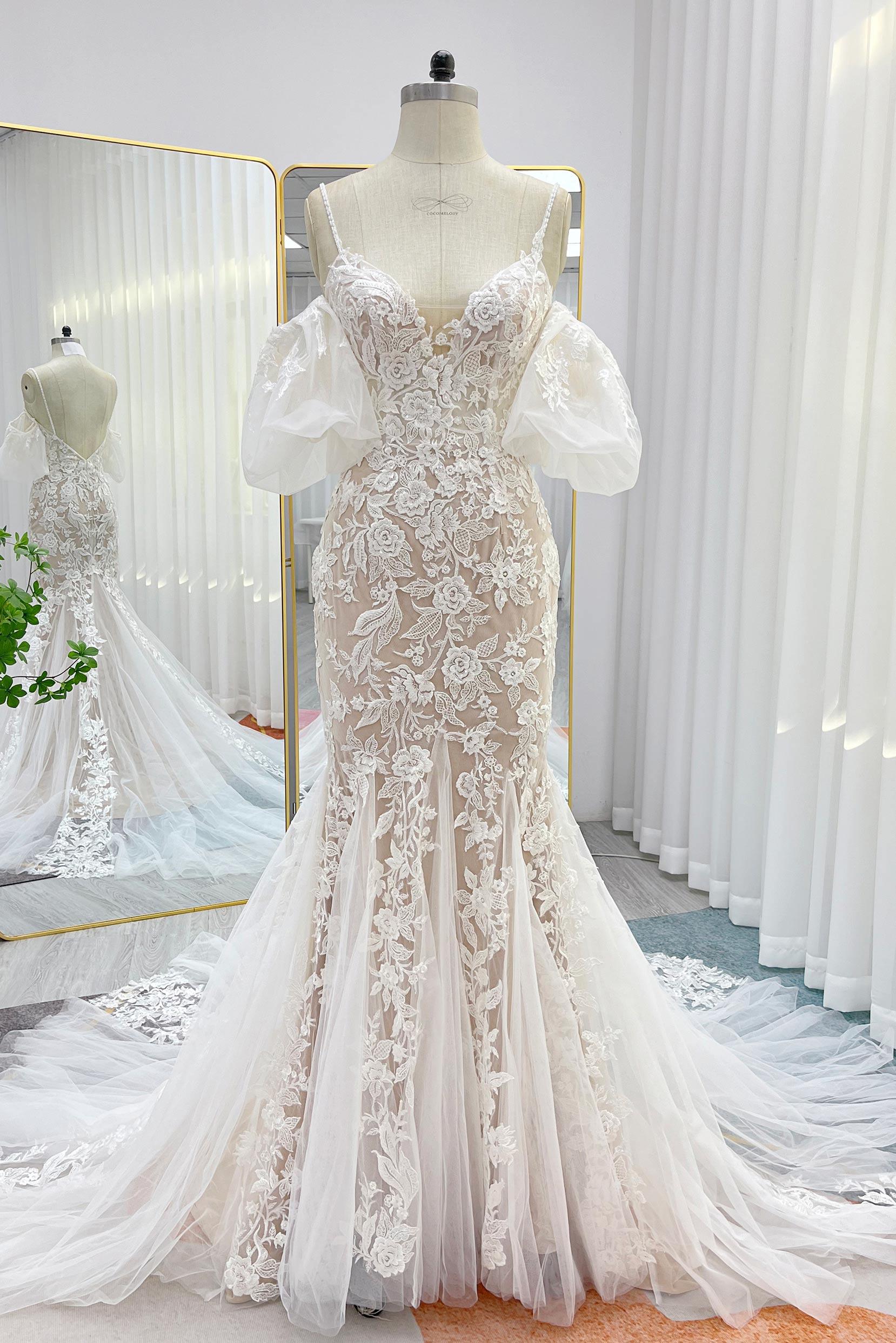 Trumpet-Mermaid Chapel Train Lace Tulle Wedding Dress CW3276