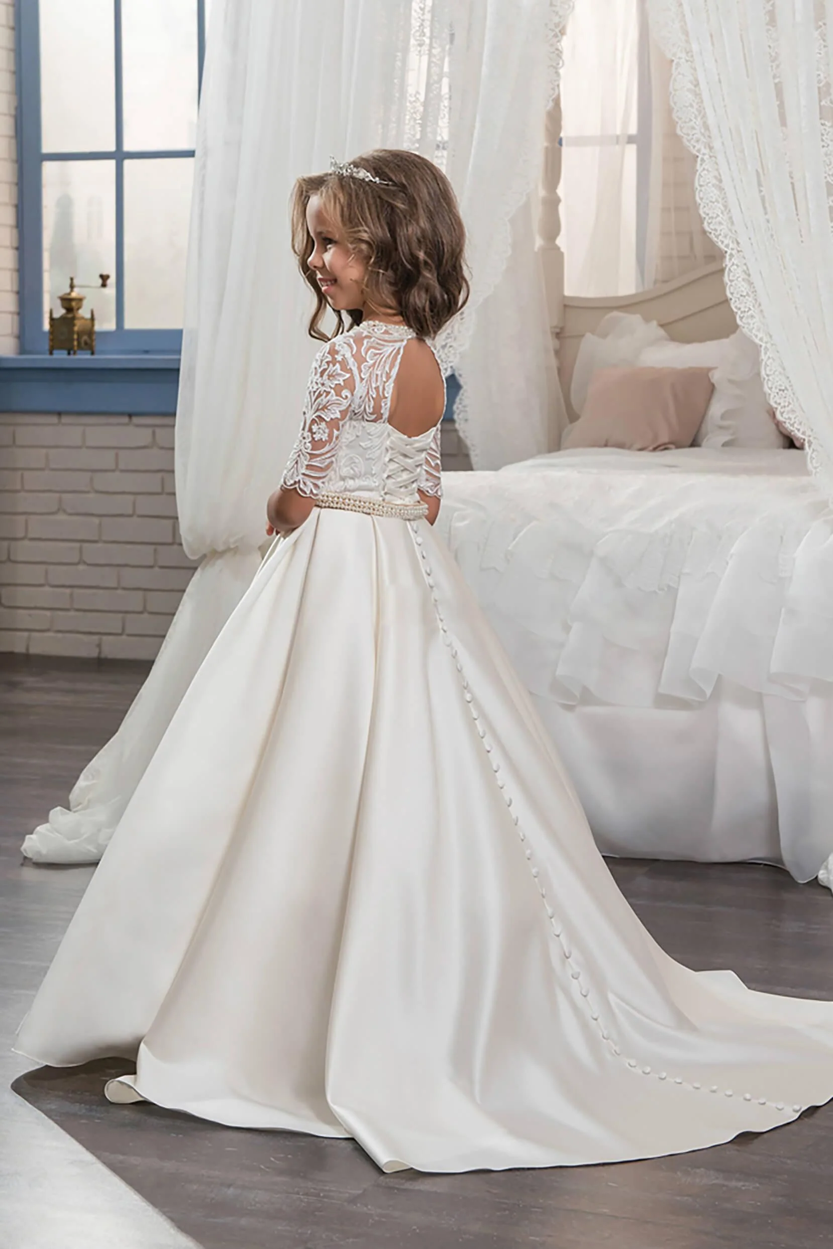 A-Line Floor Length Satin Lace Flower Girl Dress CF0320