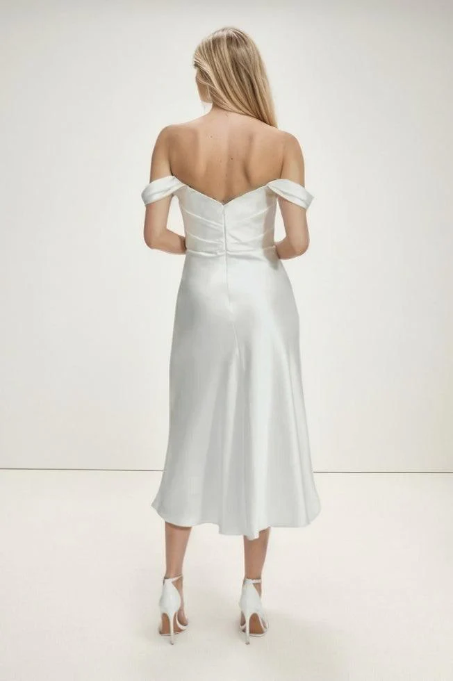 A-Line Tea Length Satin Wedding Dress CW3420