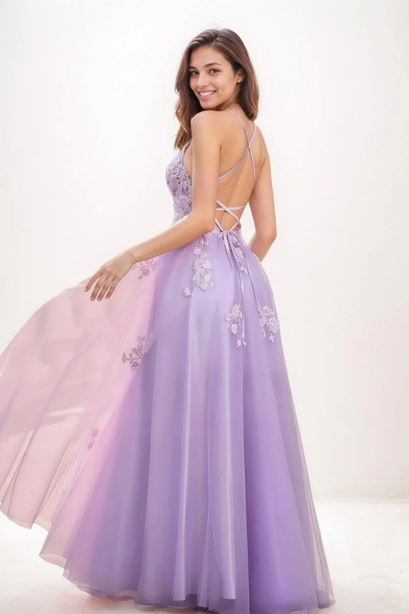 Lace V-Neck Corset A-Line Floor-Length Tulle Prom Dresses CS0723