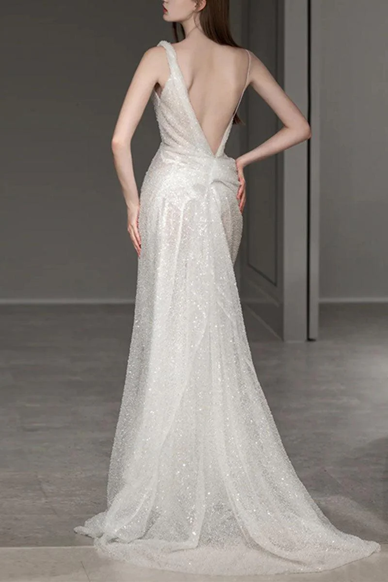 Trumpet-Mermaid Sweep-Brush Train Sequined Wedding Dress 732909013694