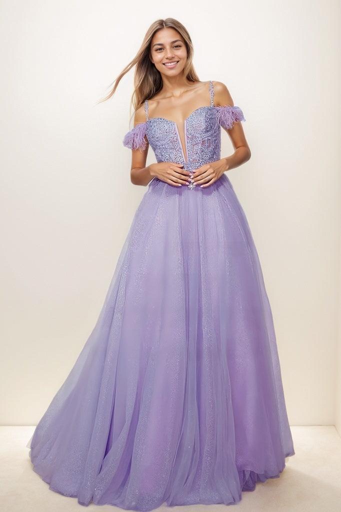 Sequin Lace Cold Shoulder A-Line Floor-Length Tulle Prom Dress CS0818