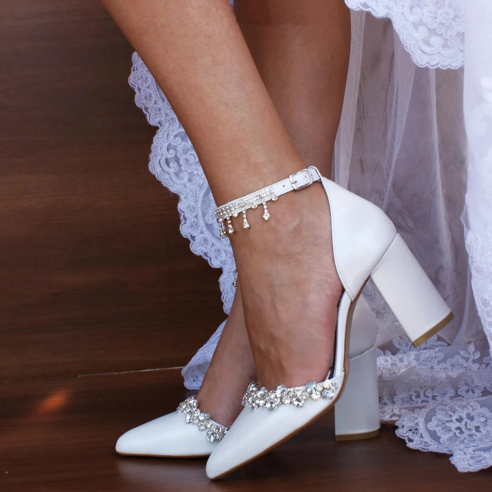 White Rhinestone Ankle Strap Pointy Block Heels 709534419682