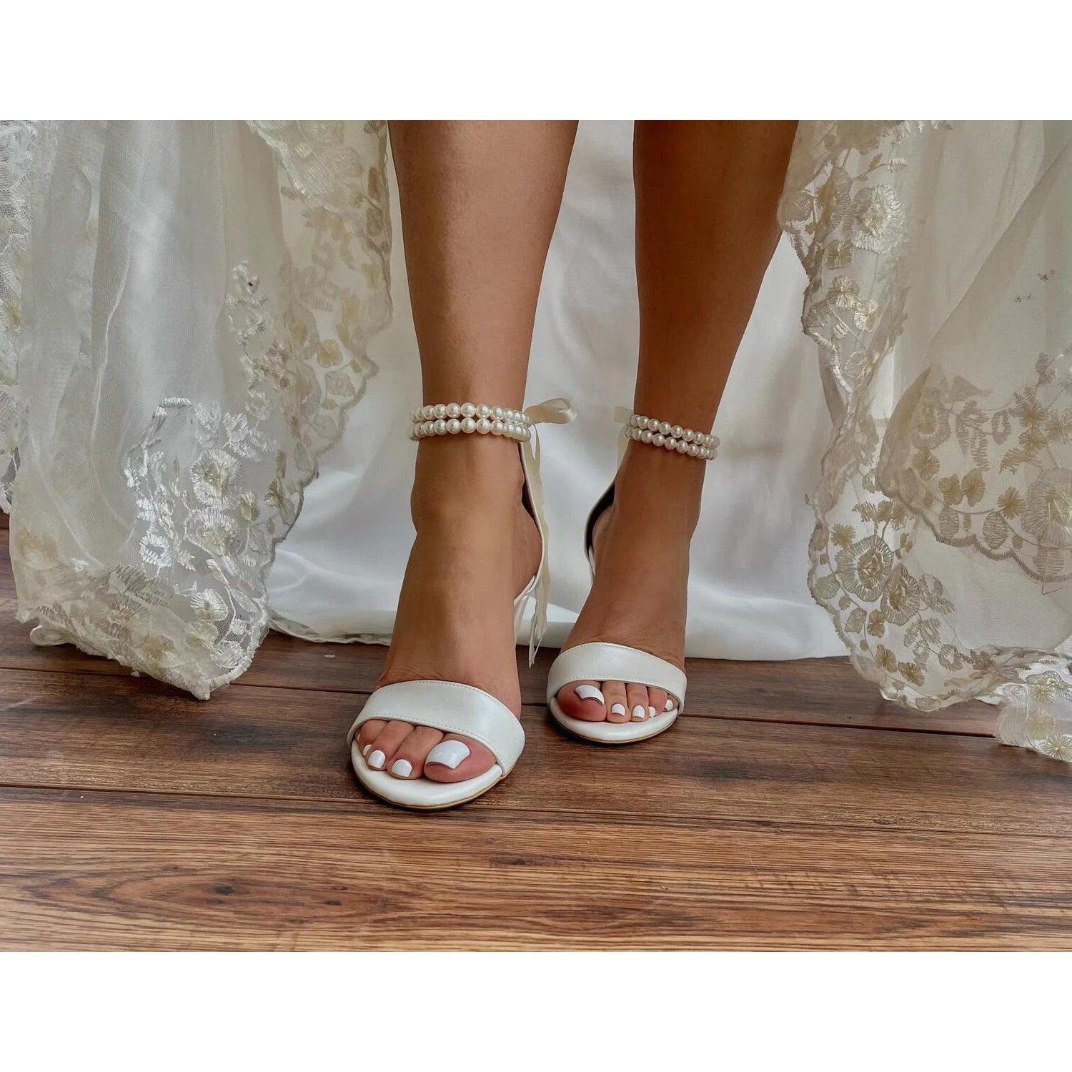 White Pearl Ankle Strap Round Block Heel Sandals 709190758540