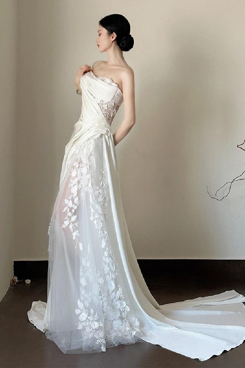 Sheath-Column Sweep-Brush Train Lace Satin Wedding Dress 783313297177