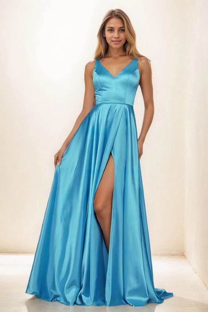 V Neck High Split A Line Sweep Train Satin Prom Dresses CS0853