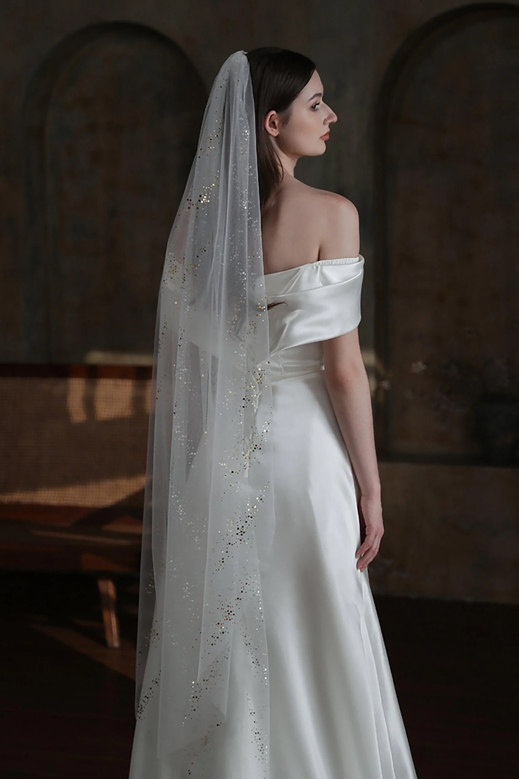 One-tier Cut Edge Tulle Tea Veils with Sequin CV0315