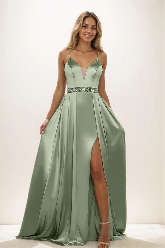 A-Line V-Neck Sleeveless Spaghetti Straps Acetate Satin Prom Dresses CS0826
