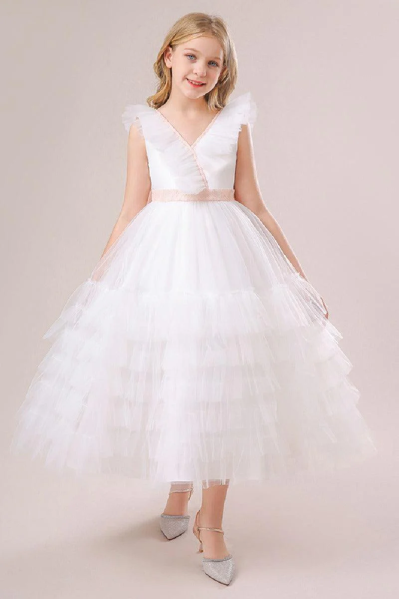 A-line/Princess V Neck Ankle Length Tulle Flower Girl Dress 749446713431