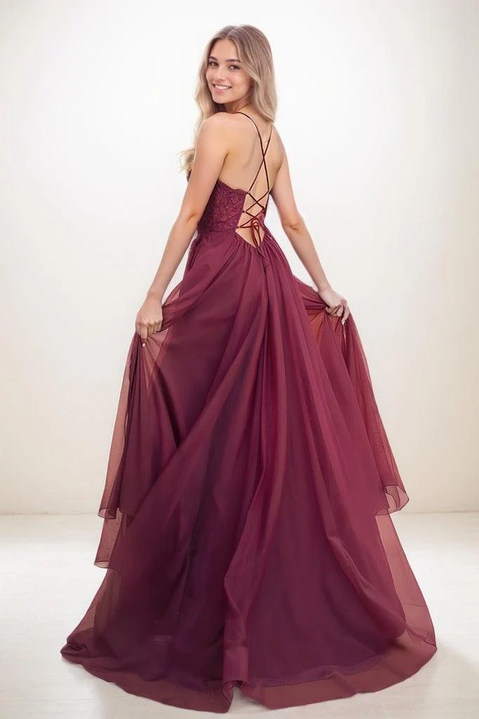 V-Neck Lace Corset High Split Sweep Train Prom Dresses CS0805