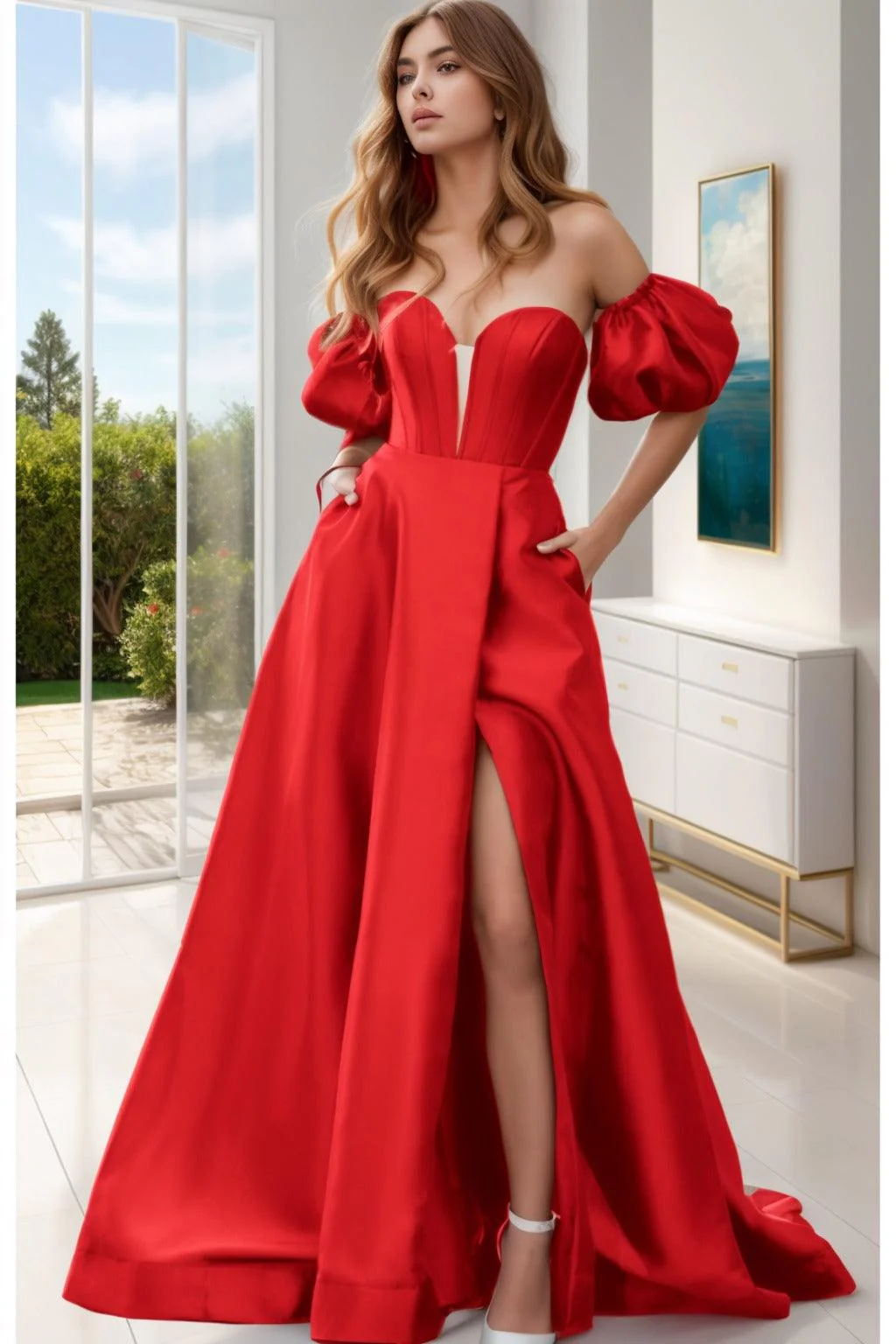 A-Line Sweep-Brush Train Satin Prom Dress CS0448