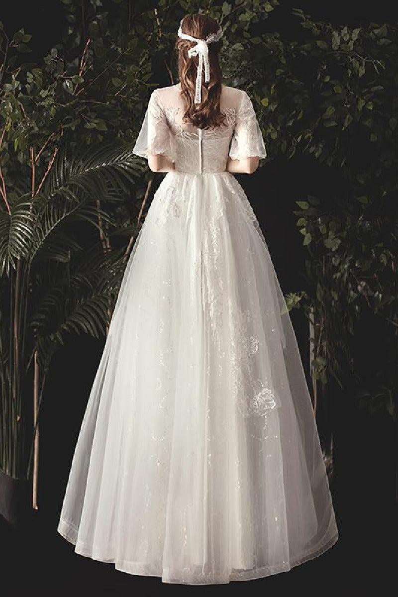 A-Line Floor Length Lace Sparkle Tulle Wedding Dress 679817491233