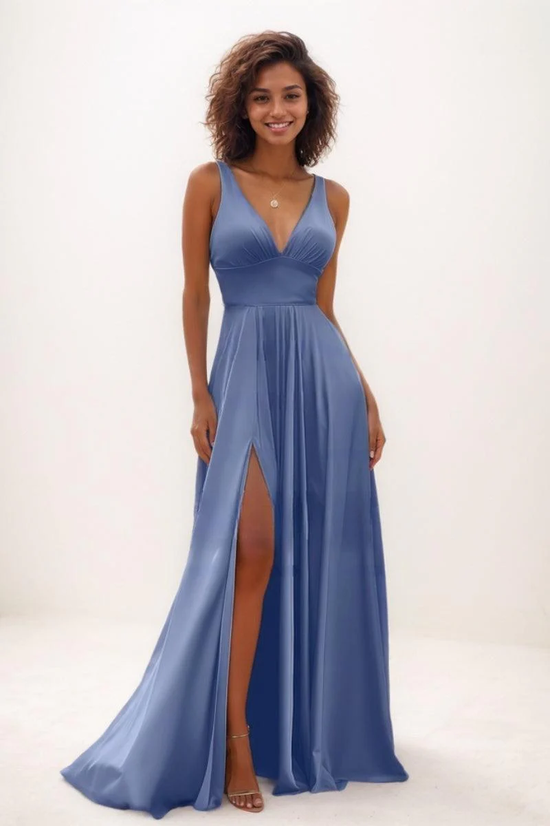 Modest A-Line Silk Like Satin Prom Dresses With High Split CS0766