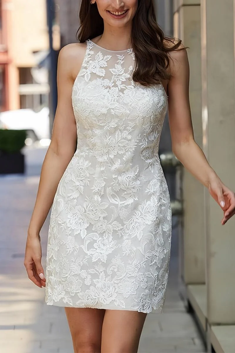 Sheath Mini Lace Wedding Dress with Illusion Neckline CW3393