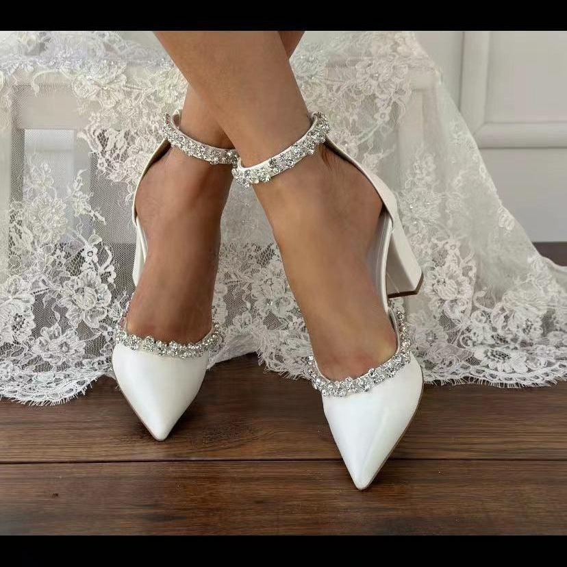 White Rhinestone Ankle Strap Pointy Block Heels 731350490264
