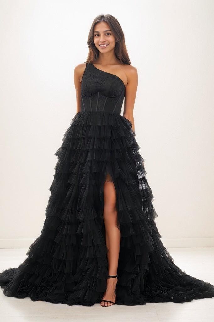 One-Shoulder Tulle Tiered Skirt High Split Prom Dresses CS0790
