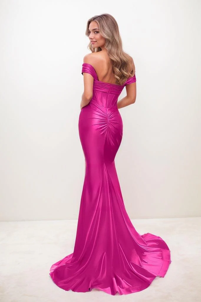 Flattering Off-The-Shoulder Ruched Silk Like Satin Prom Dresses CS0834
