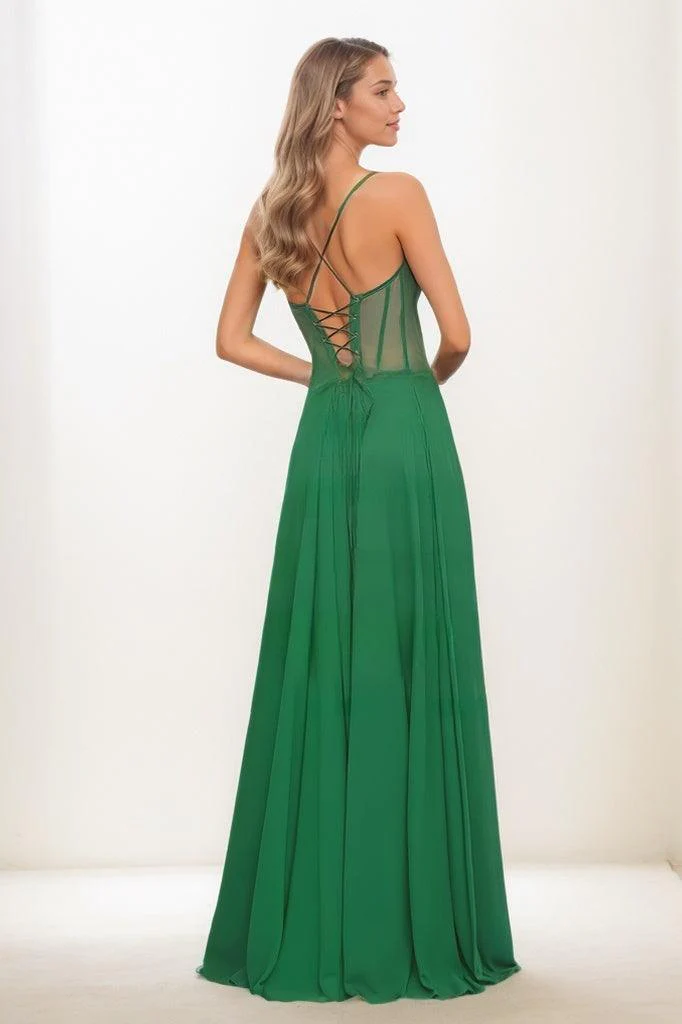 V-Neck Spaghetti Straps Chiffon High Split Prom Dresses CS0794