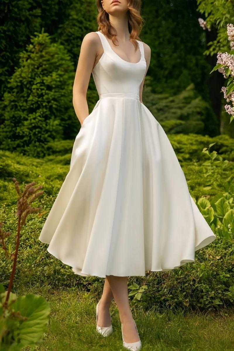 Scoop Ankle-Length Little White Dress with Pockets CW3386