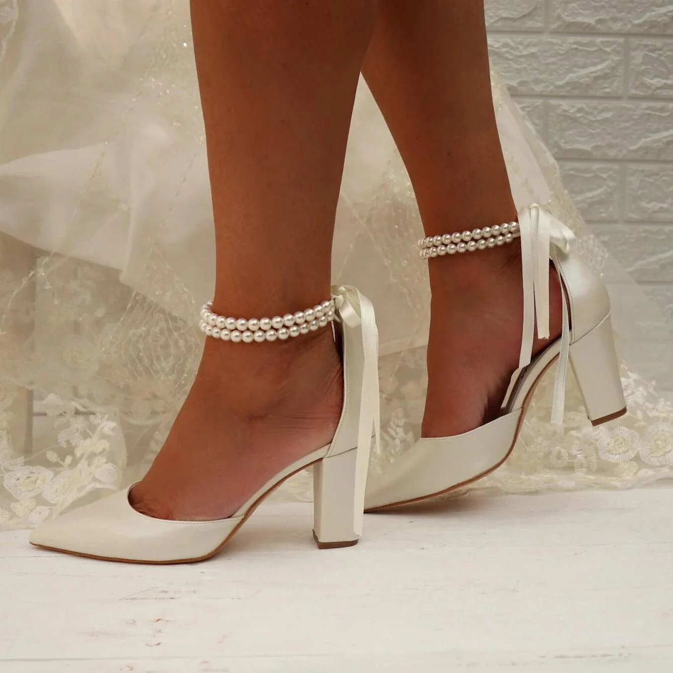 Pearl white Satin Pointy Block Heels 708400120081
