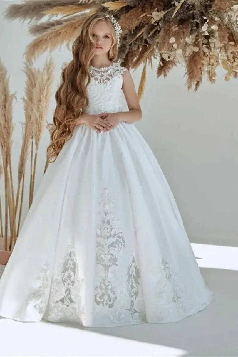 A-Line Illusion Neck Sleeveless Maxi Satin Flower Girl Dresses 782091074064