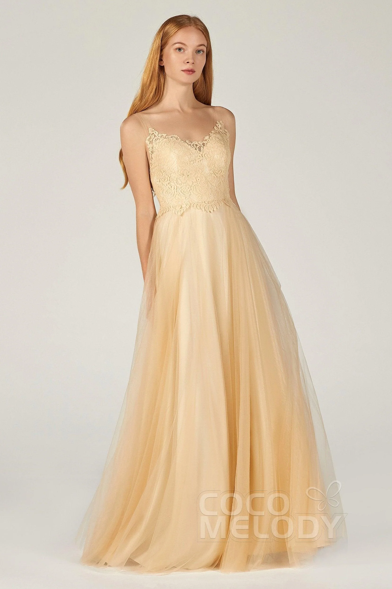 A-Line Floor Length Tulle Lace Bridesmaid Dress CB0378