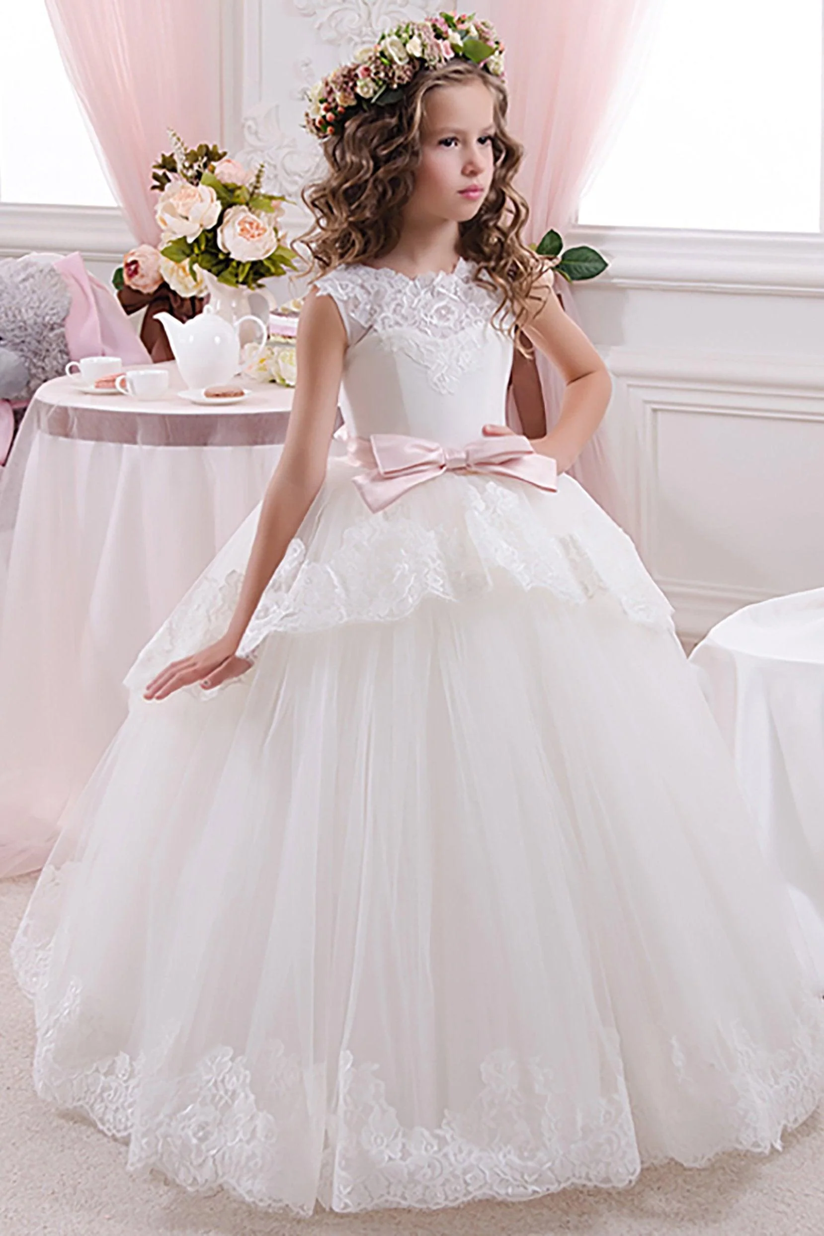 A-Line Floor Length Tulle Lace Flower Girl Dress CF0341