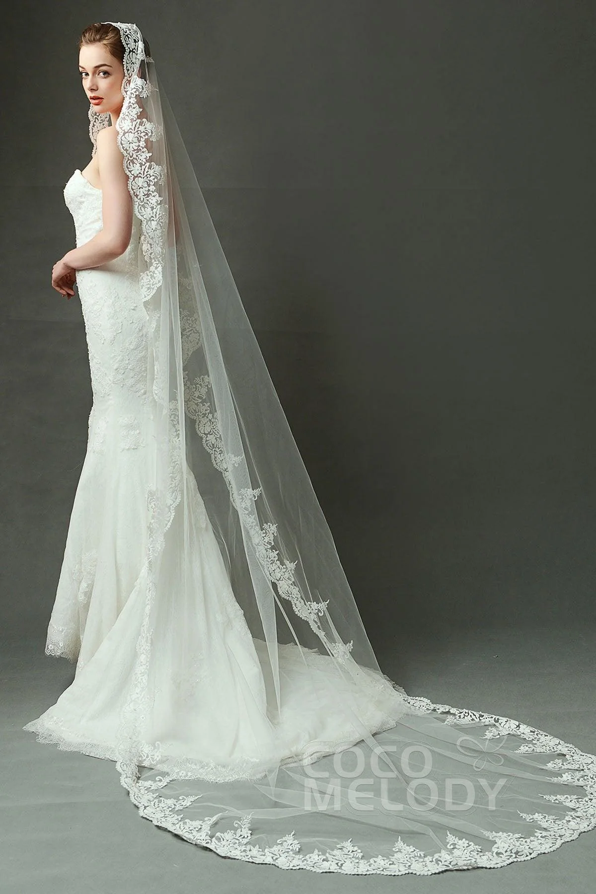One-tier Lace Edge Tulle Chapel Veils Appliques AV160027