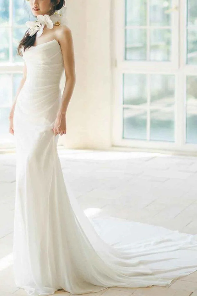 Sheath-Column Chapel Train Forged Chiffon Wedding Dress 830154757527