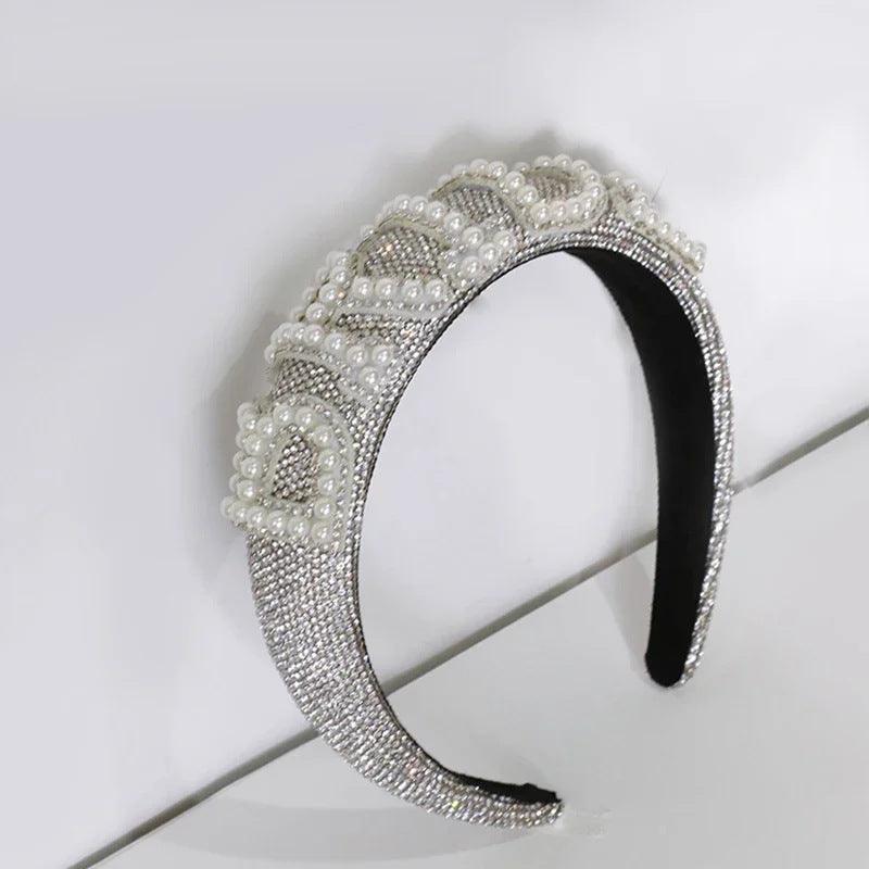 Bride flat silver rhinestone pearl headband 798647845828