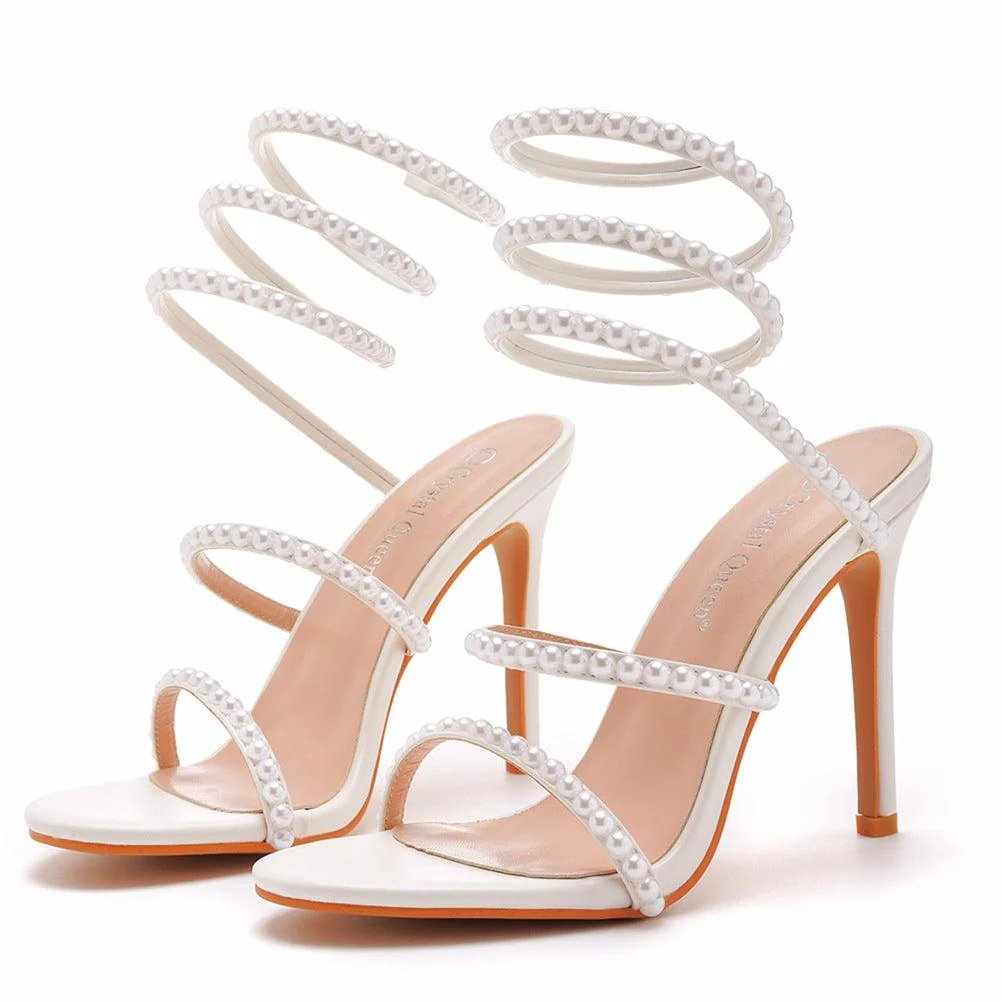 White Pearl Ankle Strap Pointy Stiletto heel Sandals 712542089589