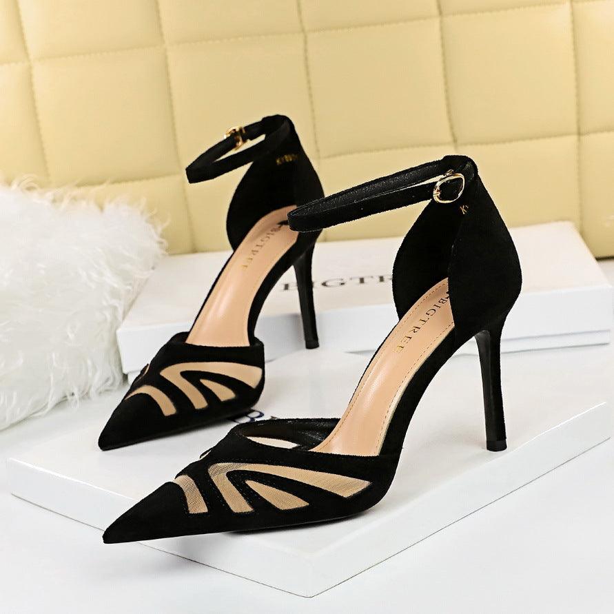 Black Pointy Ankle Strap Stiletto Heels 673900597001