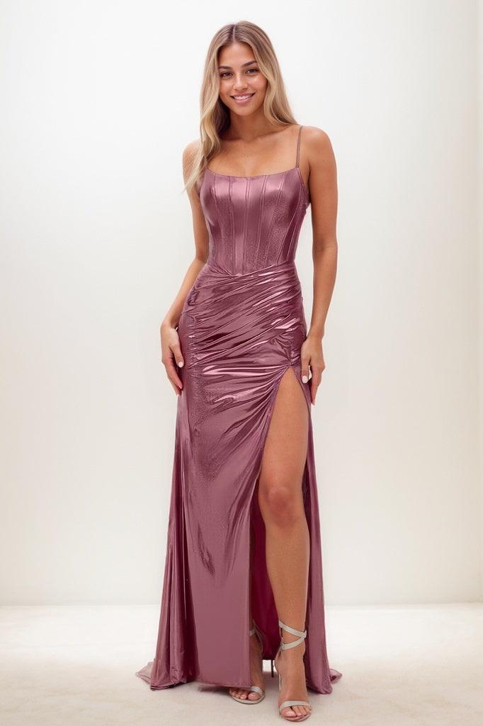 Sparkle Scoop Neck Spaghetti Straps Lace Up Back Prom Dresses CS0833