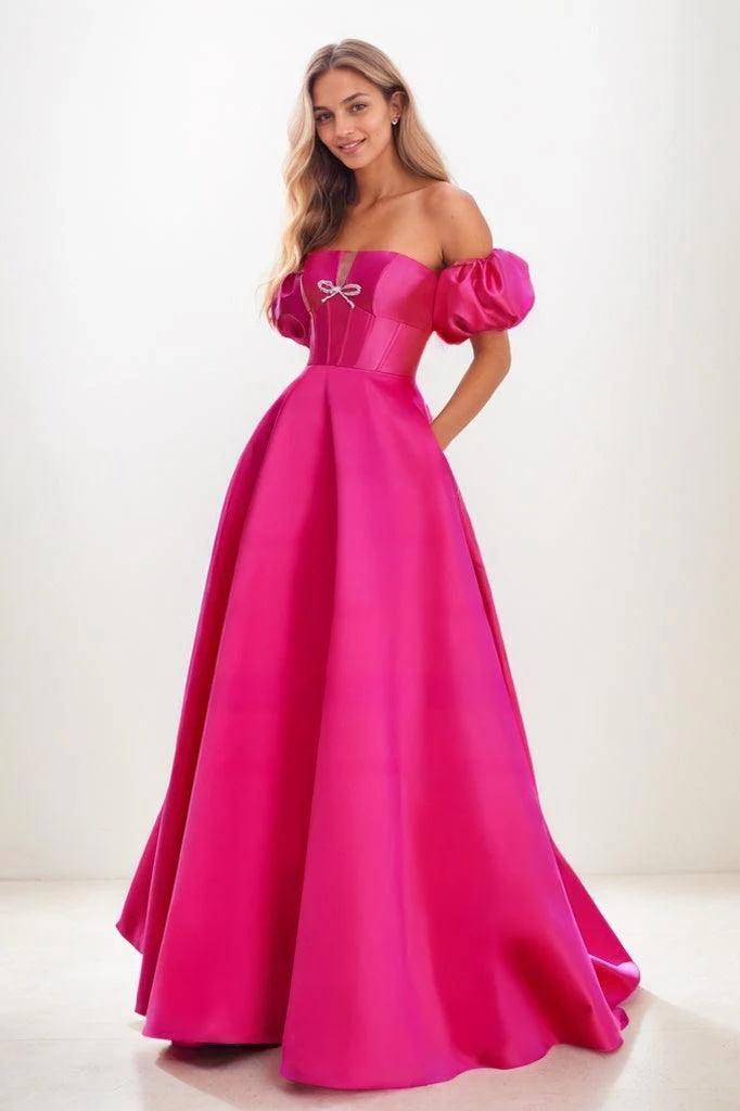 Sweet & Flow Bow Accented Detachable Sleeves Satin Prom Dresses CS0838