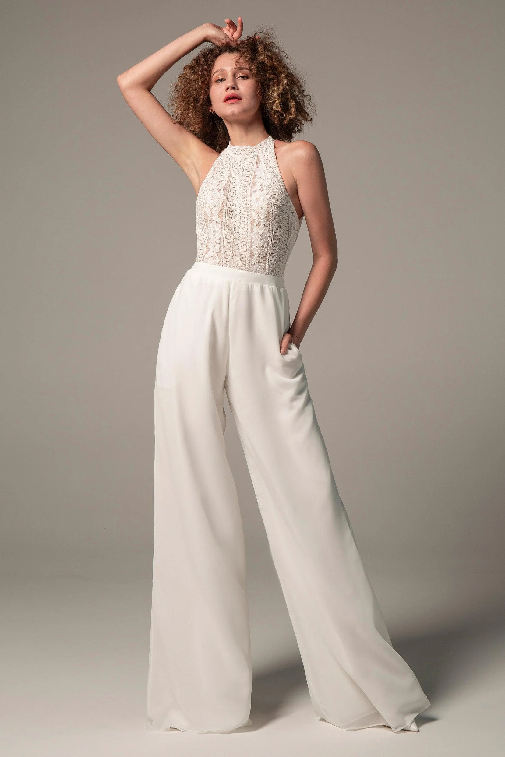 Floor Length Chiffon Lace Wedding Jumpsuit CW2354