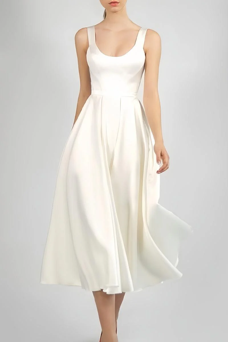 Scoop Ankle-Length Little White Dress with Pockets CW3386