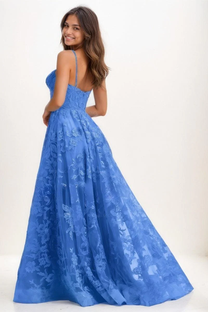 V-Neck A-Line Sweep Train Lace/Tulle Prom Dresses CS0743