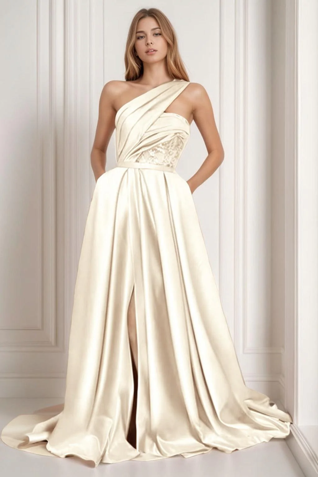 A-Line Sweep-Brush Train Satin Prom Dress CS0429