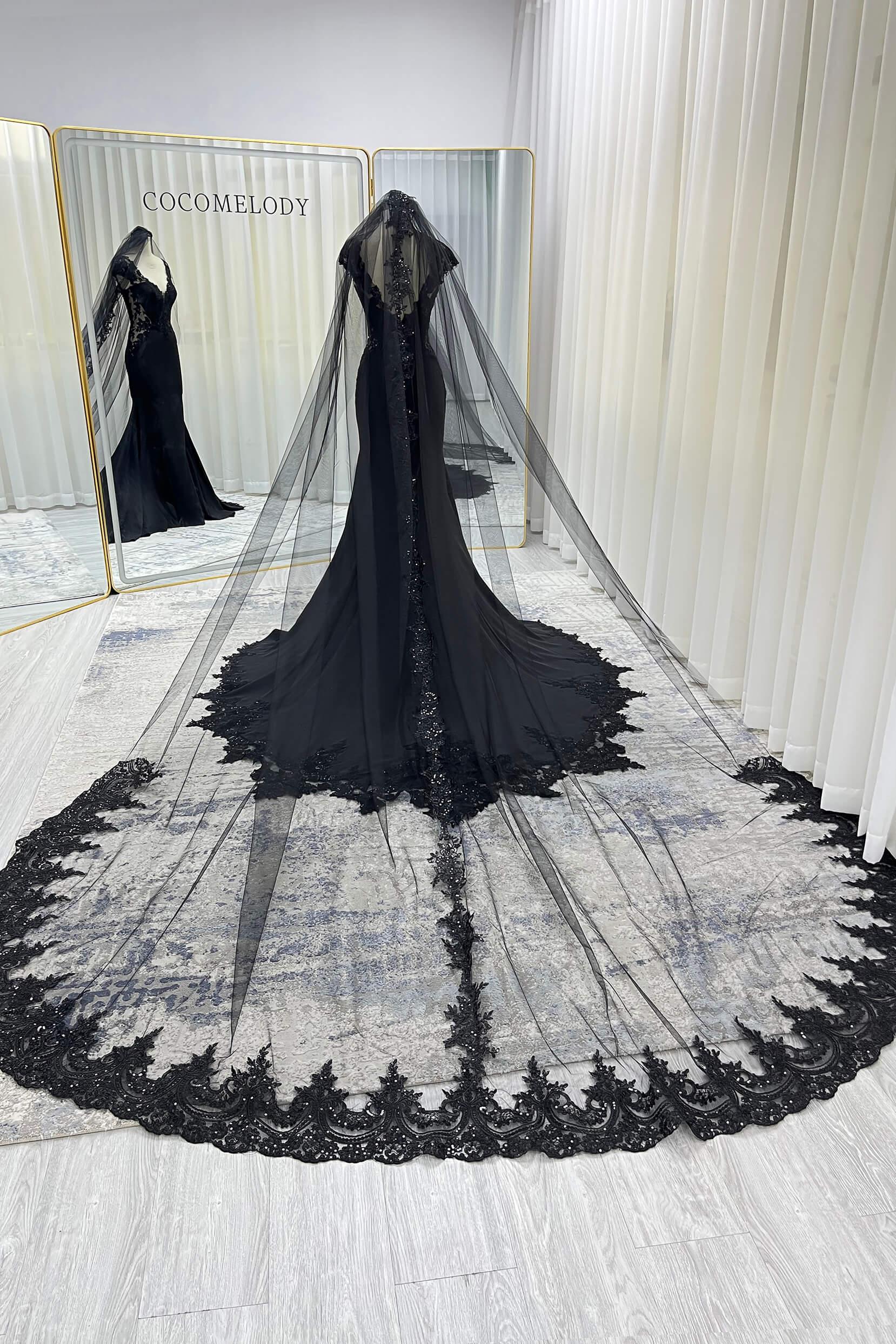 One-tier Lace Edge Tulle Chapel Veils with Appliques Beading CV0397