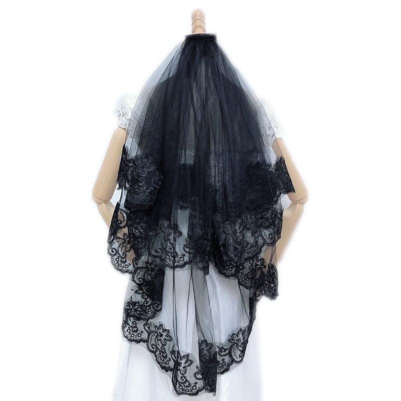 Lace embroidered black double veil 559934344266